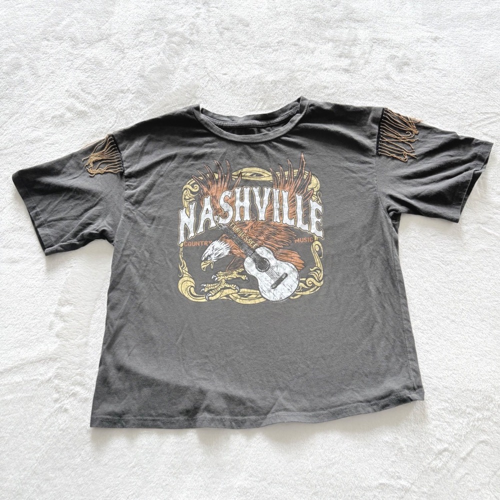Organic Generation Nashville Graphic Tee XS Charcoal Grey Chain Fringe Shoulder